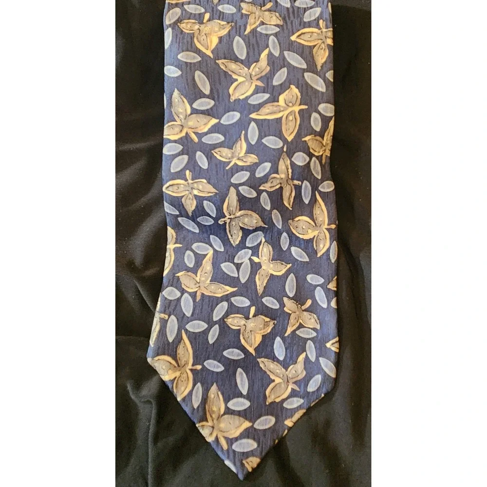 Jimmy Z Silk Necktie Mens OS Blue Gold Leaf Print Excellent Vintage Willis Reed